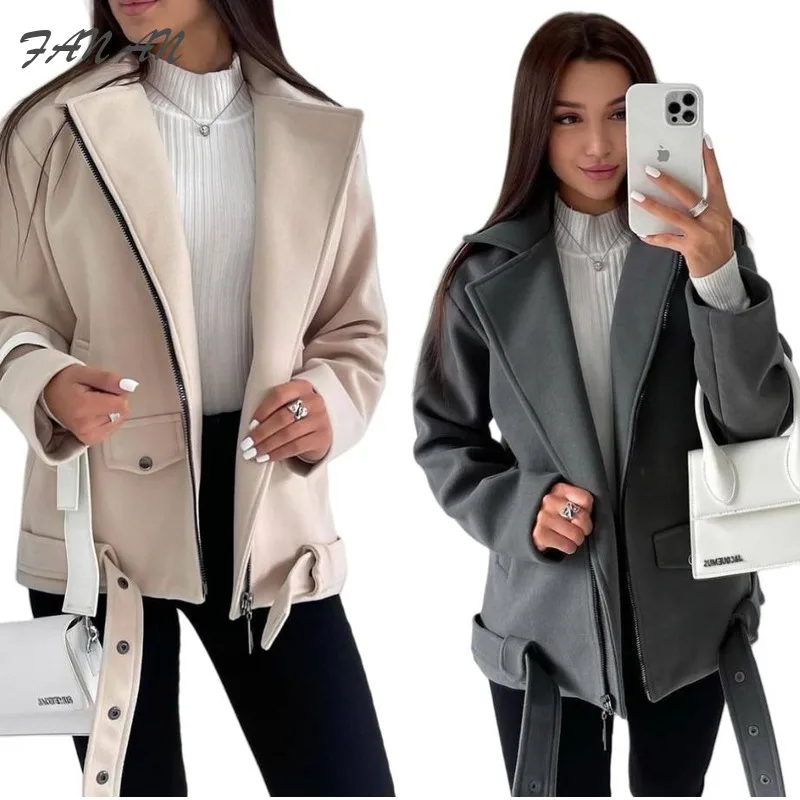 

2024 Fashion New Trendy Hot Selling Belt Lapel Long Sleeved Woolen Jacket Autumn And Winter Warm Commuting Short Jacket Top