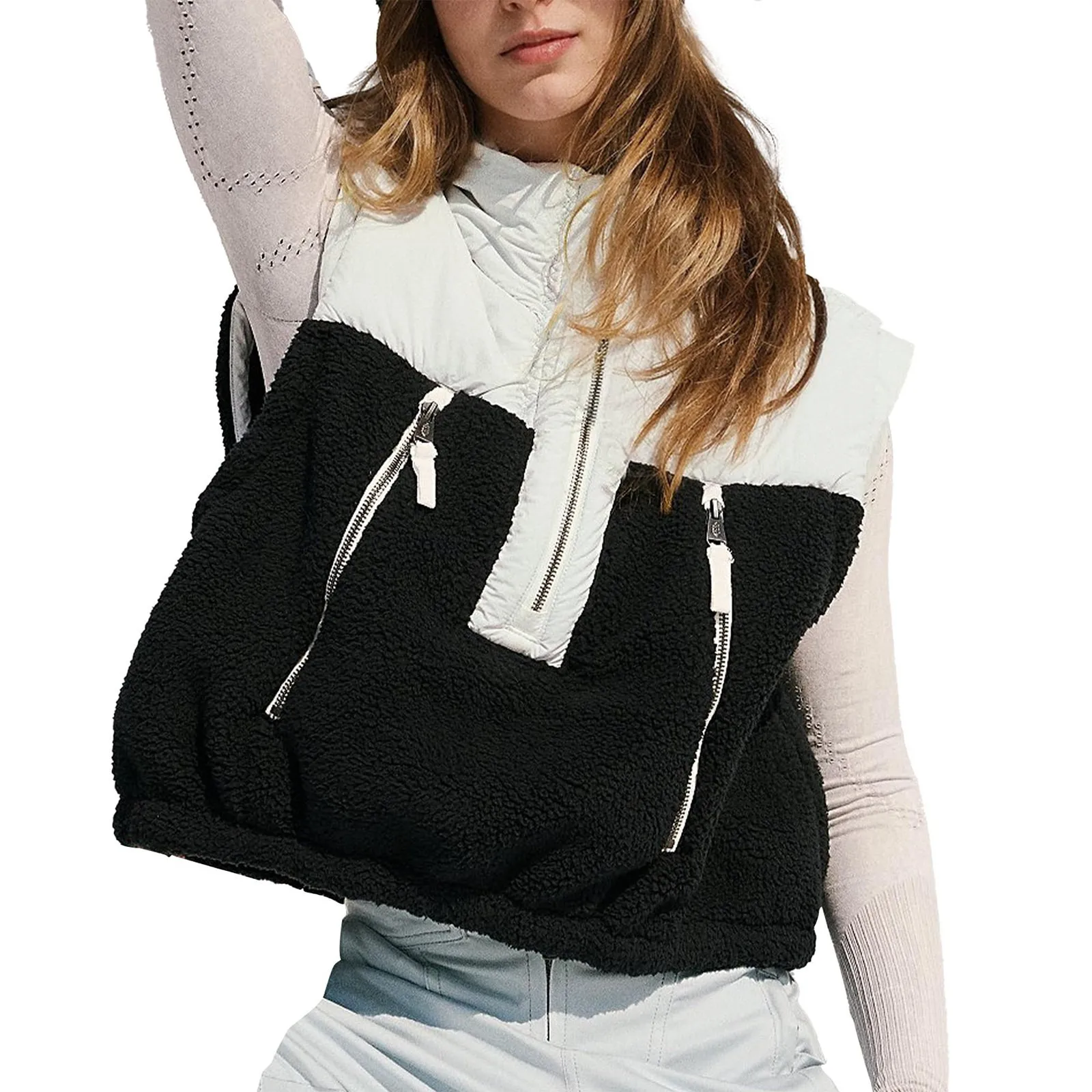 Female Wool Oversized Color Blocking Casual Zipper Vest Lightweight Sleeveless Warm Outerwear Down Running Vest