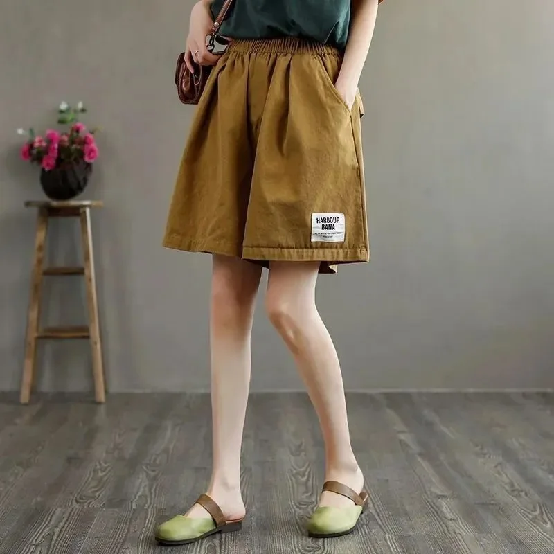 Women's 2024 Summer New Combination Elasticized Pocket Fashion Solid Minimalist Comfortable Loose Versatile Casual Cotton Shorts