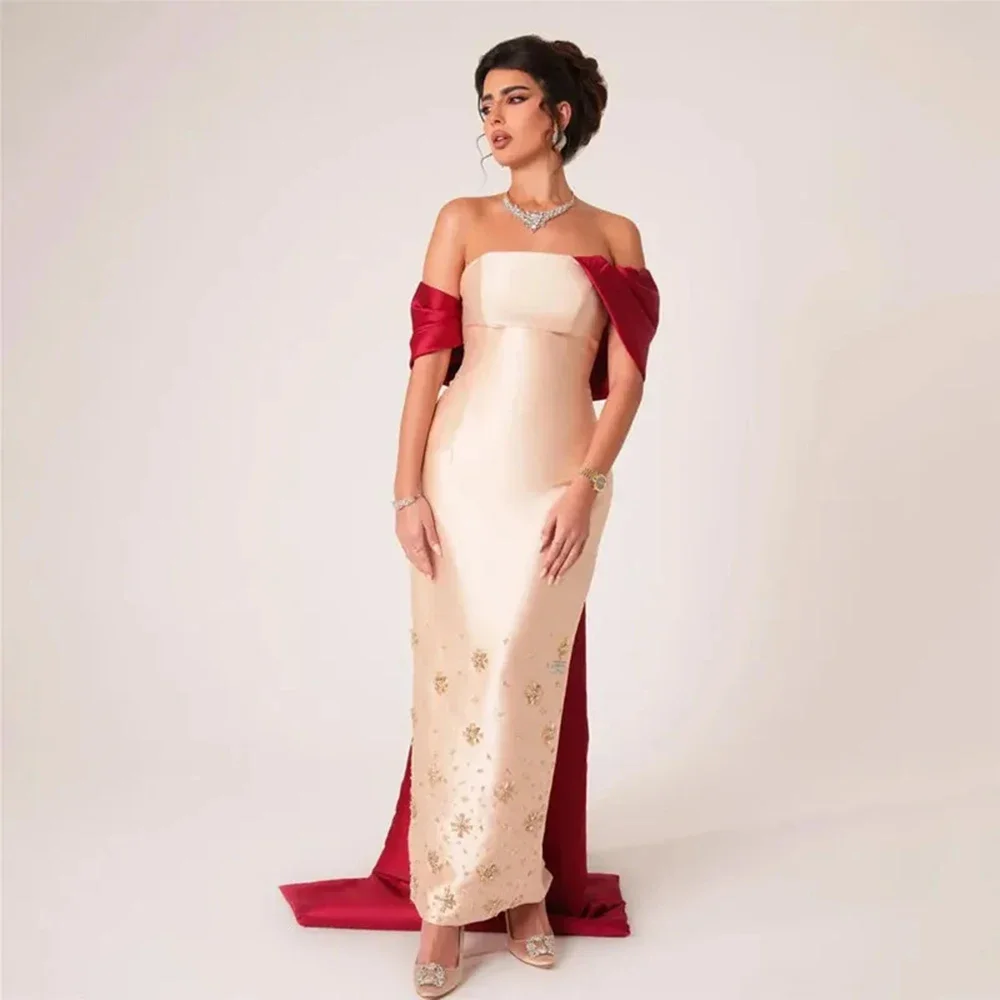 

Customized Yipeisha Simple Red And White Satin Evening Dresses Sheath Off the Shoulder With Watteau Train Beading Formal Gala Pa