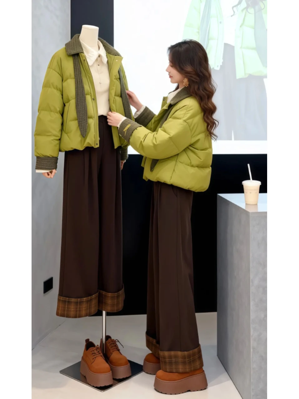 

Unique Beautiful Winter Faion Set Women's Loose Plaid Hem Casual Pants een down Cotton Coat Long Sve High Waist