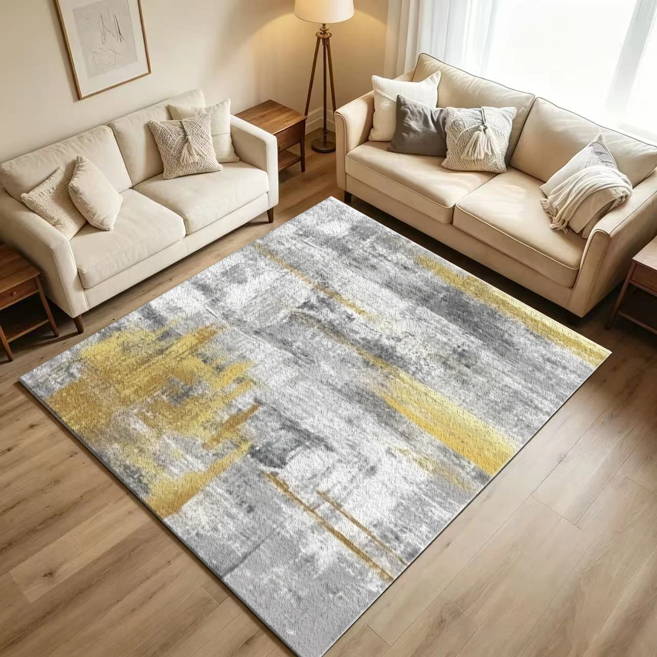 Grey White Gold Brush Stroke Abstract Carpet Flooring Luxury Large Area Rug for Living Room Household Interior Decor