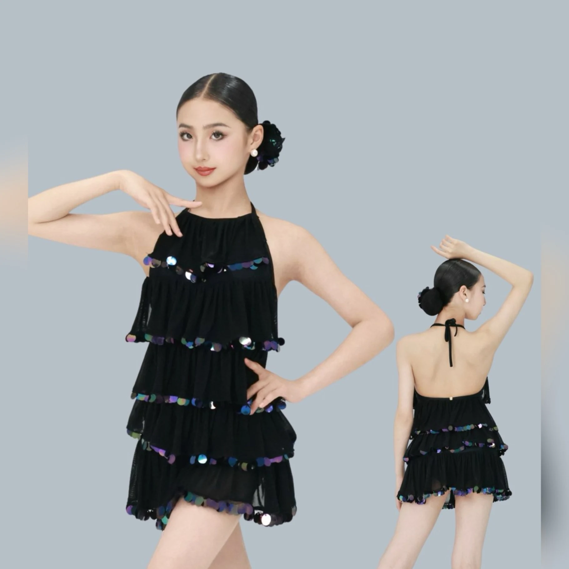 Meninas vestido de dança latina desempenho traje lantejoulas plissado vestido azul preto competição crianças cha cha rumba vestido dnv24713