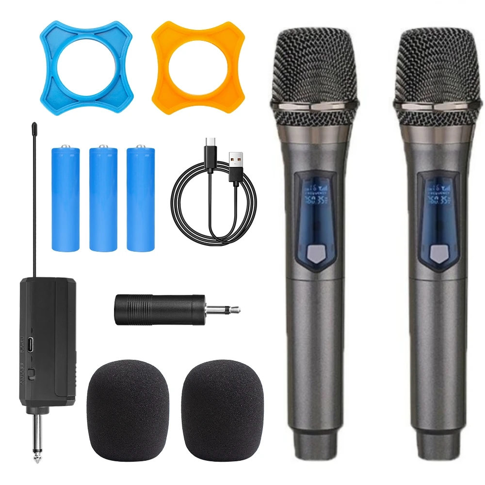 Microfone sem fio 2 canais uhf microfone dinâmico portátil duplo com bateria recarregável para festa de karaokê reunião em casa