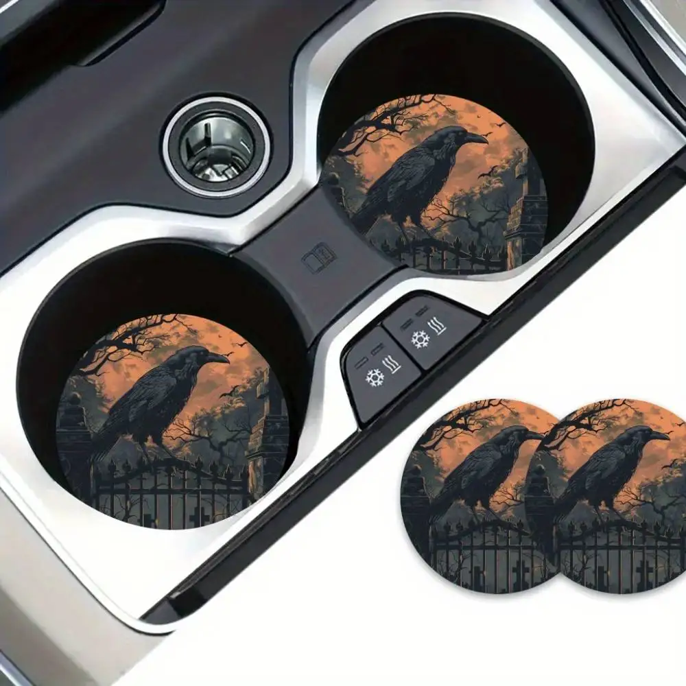 Spooky Crows EVA Car Coasters Raven & Fence Design Halloween Christmas Vehicle Decor Horror Fan Gift