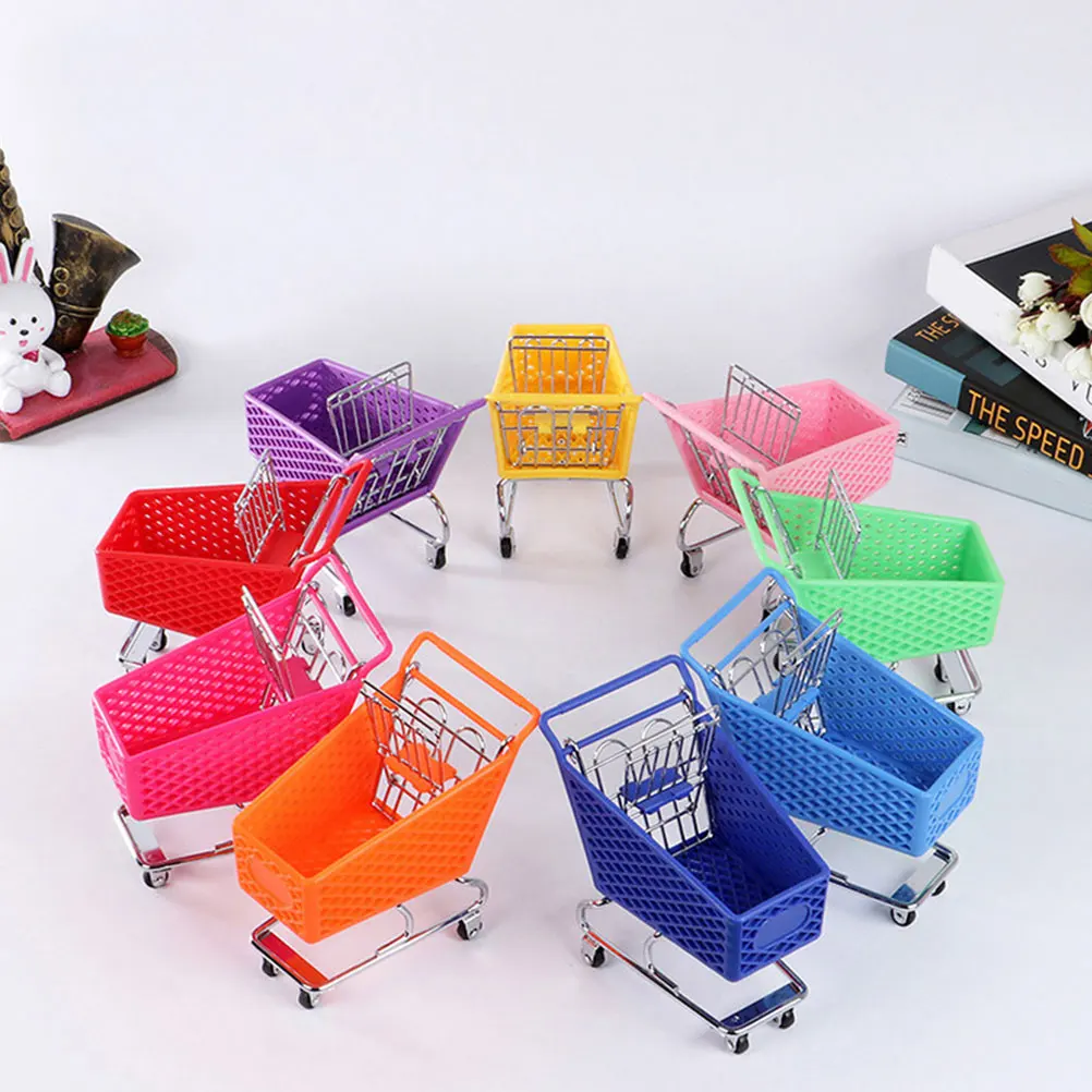 

2pcs Mini Shopping Cart Creative Storage Basket Desktop Ornament Unique Decorative Basket Fine Craftsmanship Sturdy Plastic