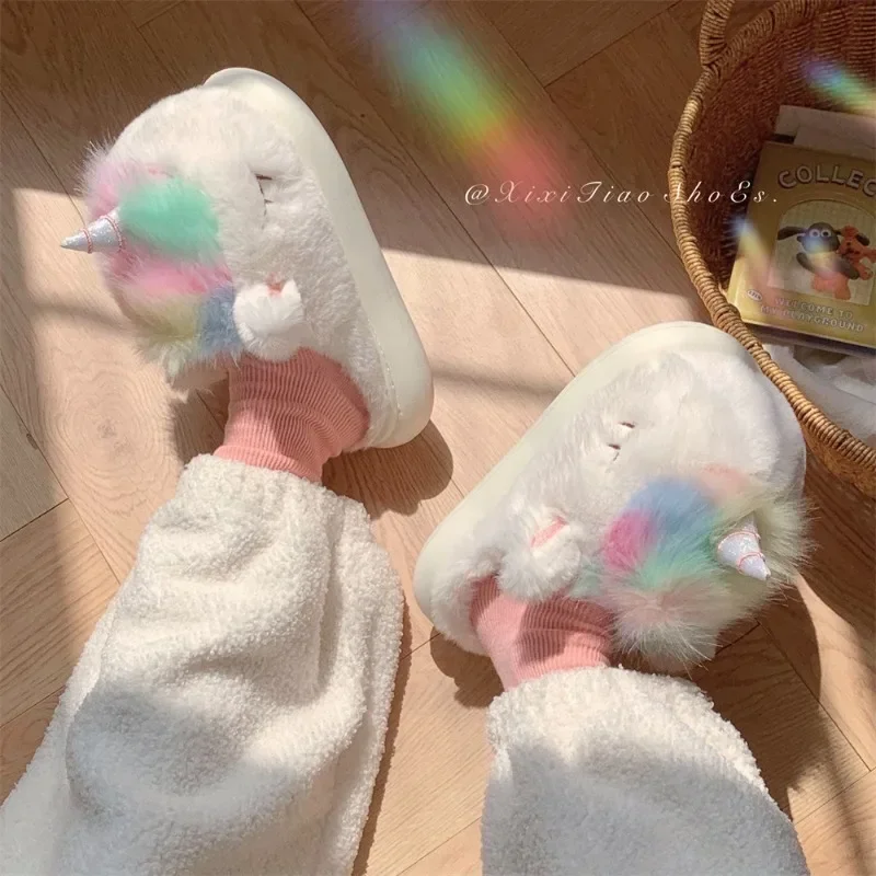 Woman Slippers Sweet Dreamy Monster Female Winter Home Fashion Warm Comfort Flat Thick Bottom Anti Slip Cotton Slippers Unicorn