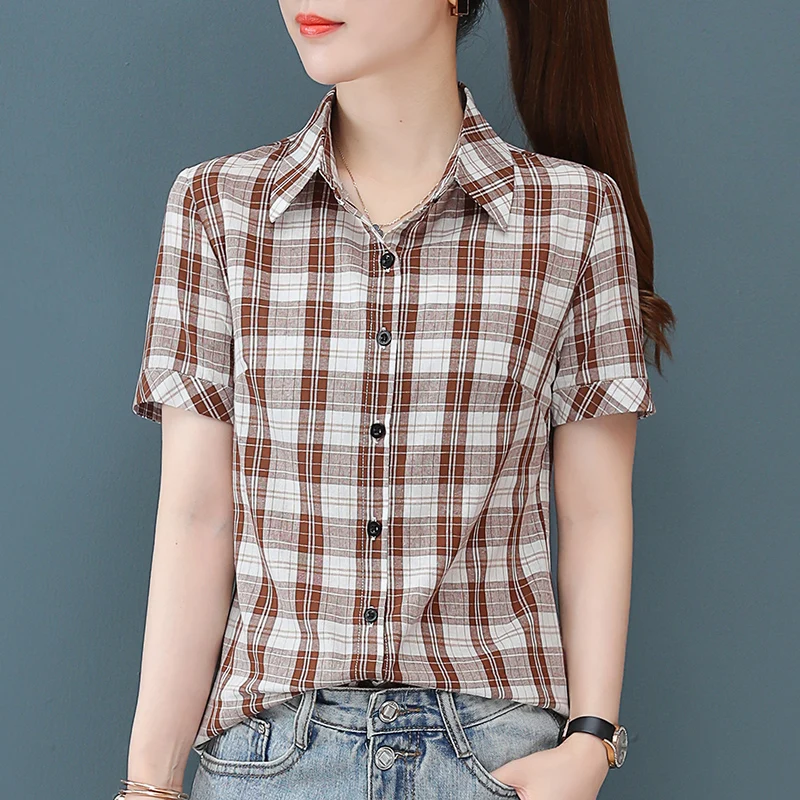 New Female Comfortable Cotton Checkered Short Sleeved Shirt For Women\'S Summer Thin Korean Fashion Casual Versatile Slim Fit Top