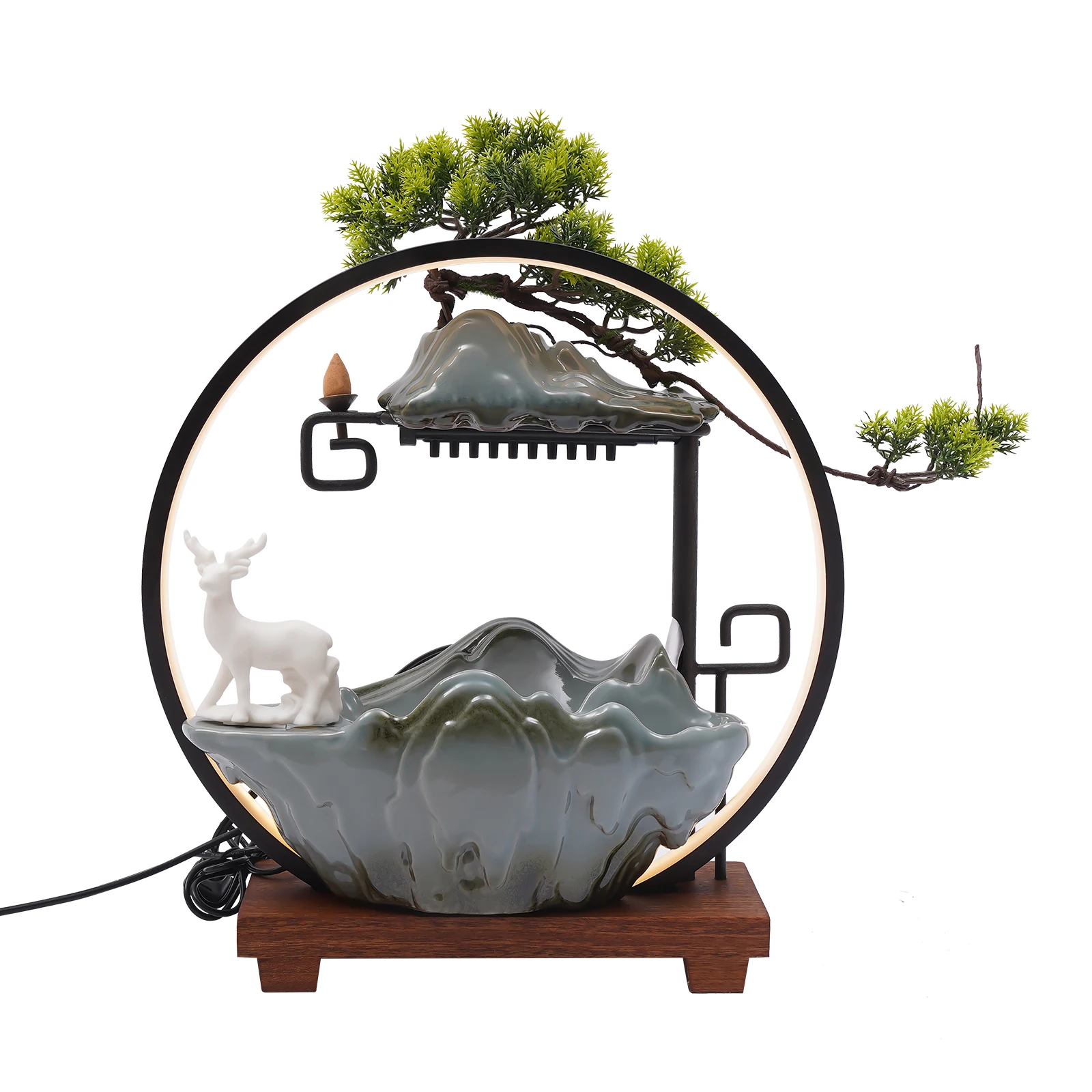 

Ceramic Tabletop Fountain with LED Lights & Mist, Deer & Rockery Design, Indoor Water Feature for Living Room & Meditation
