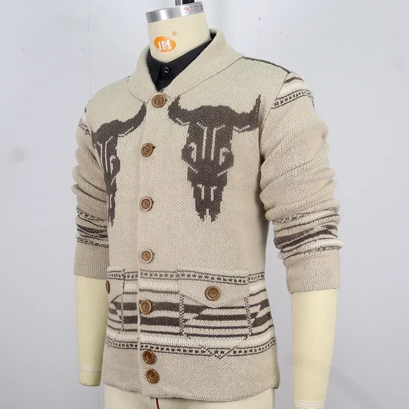 Novo cardigan masculino outono inverno turn-down colarinho botão-up camisola casacos masculinos tendências da ue jacquard jaqueta de malha camisola para homem