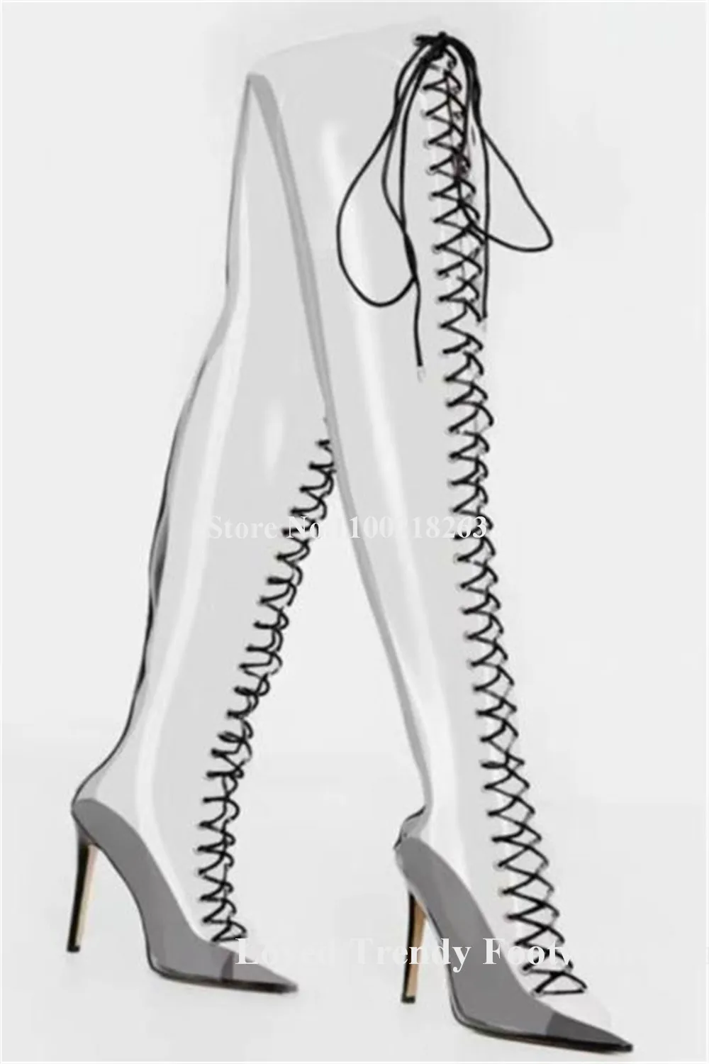 Sexy Clear PVC Stiletto Heel Short Boots Pointed Open Toe Transparent Lace-up Thin Heel Long Short Boots Big Size Boots