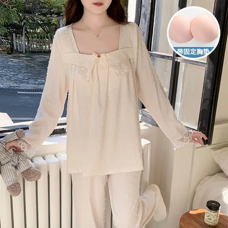 

Sweet Princess Long Sleeve Cotton Pajama Sets for Women Korean Spring Cute Lace Sleepwear Pyjama Pijama Mujer Homewear Clothes
