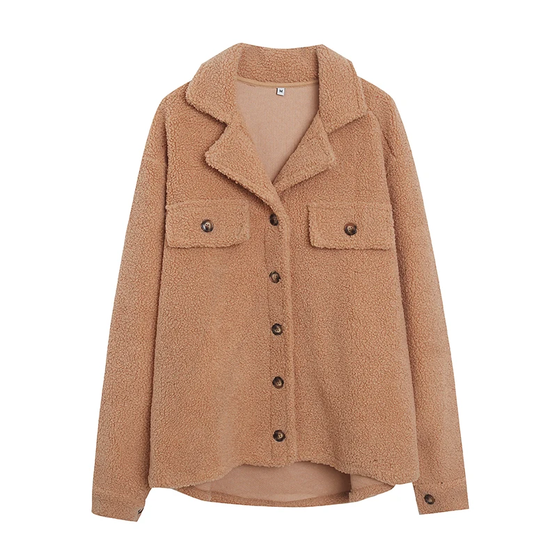 

Winter Casual Loose Long Sleeve Mid-Length Jacket Particle Fleece Sweater Pure Color Pocket Shirt Style Polyester Fiber