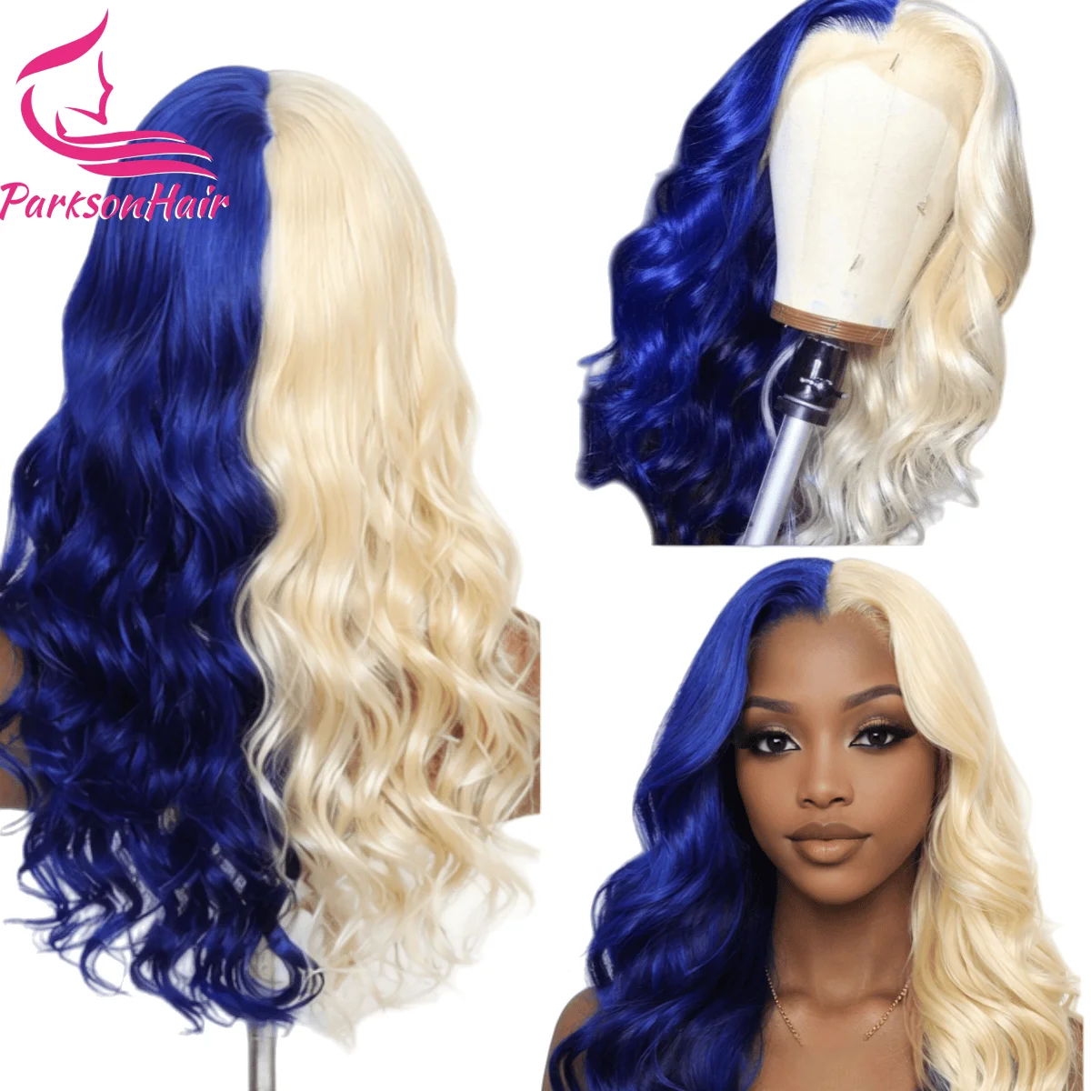 

Ready To Wear Glueless Human Hair Wig Half Blue Half Blonde Lace Closure Wig 5x5 Two Tone Color Lace Front Wig With Drawstring