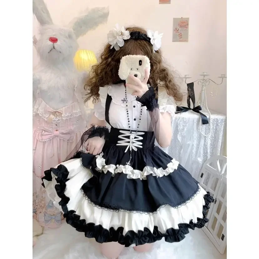 Japanese Kawaii Lolita Jsk Y2k Skirt Small Idol Gothic Black Short Skirt Women Sweet Bow Ruffles Bandage High Waist Strap Skirts