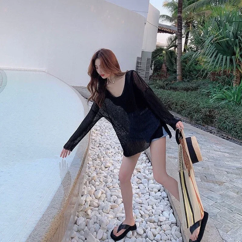 

Pullovers Women Sexy Summer Pure Sun-proof Design Korean Style See Through Long Sleeve Tender Mujer Casual Loose-fitting Clothes
