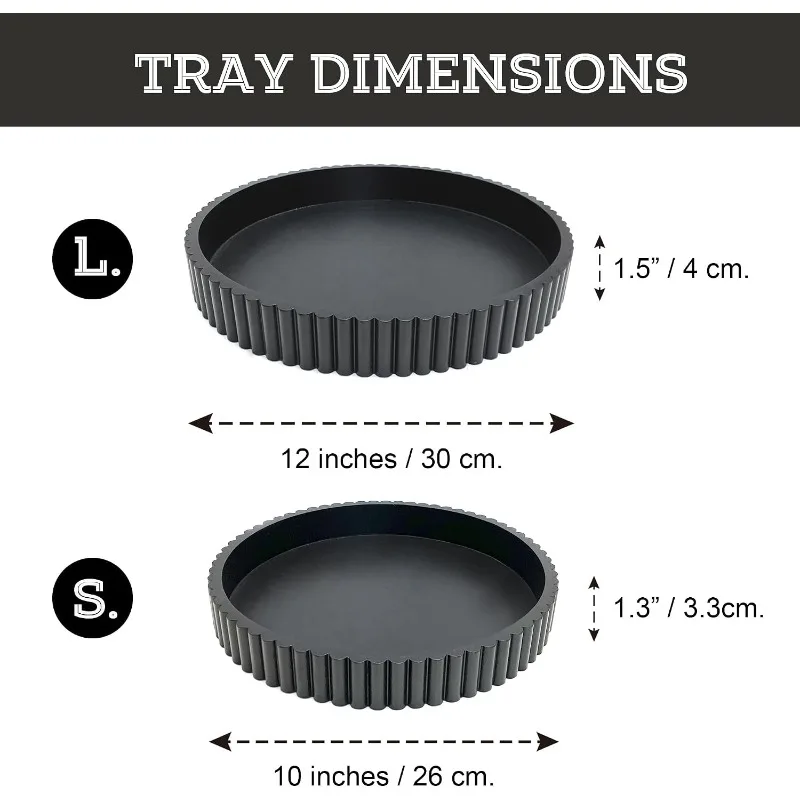 2Pcs Black Fluted Edge Round Wooden Tray Set 10/12 Inch, Modern Ottoman Coffee Table Centerpiece Home Decor Tray