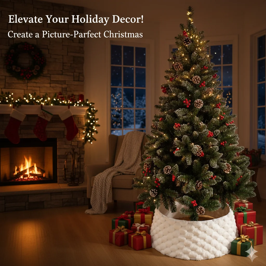 

Christmas Tree Skirt Vertical Stripe Plush Knitted Design White Tree Base Cover for Holiday Decor Home Party Winter Display