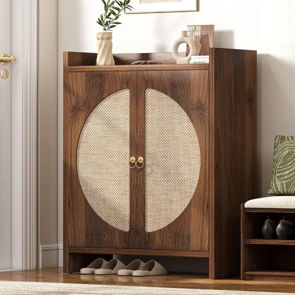

Shoe Cabinet Storage for Entryway - Rattan Entry Way Shoe Storage Cabinet with Adjustable Shelves, Wood Shoe Organizer Cabinet