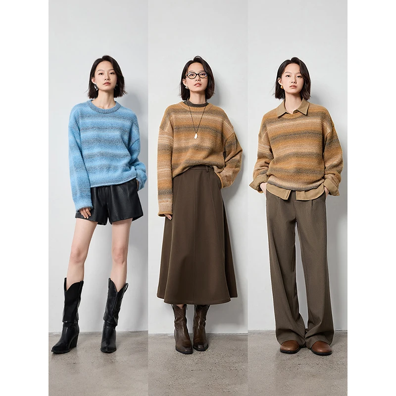 TOYOUTH Women Sweater 2024 Autumn New Gradient Color Striped Round Neck Knitted Warm Pullover Sweater Tops