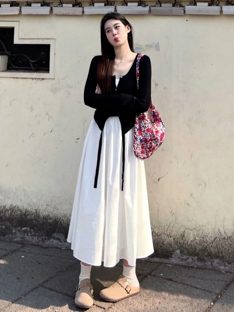 Women's Autumn French Chic Long Sleeve Knit Cardigan And Sleeveless Maxi Dress 2-Piece Set Stylish Outfit Camisole Dress White image 4