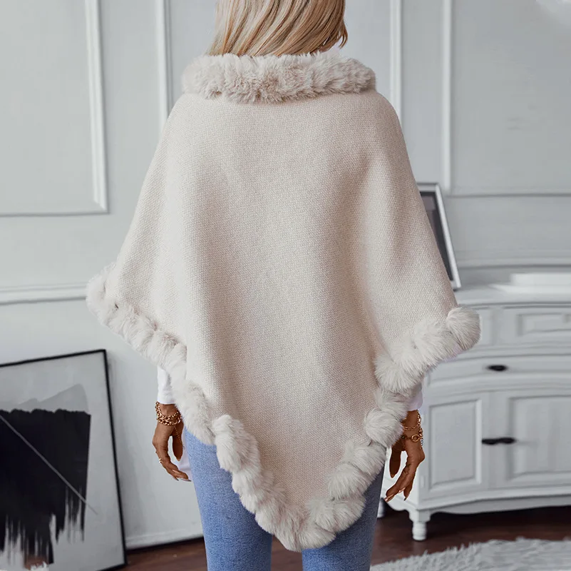 2024 Winter Women's Solid Color Fur Collar Pullover Cloak Female Thick Retro Plaid Knitted Cape Shawl Women's Winter Coat