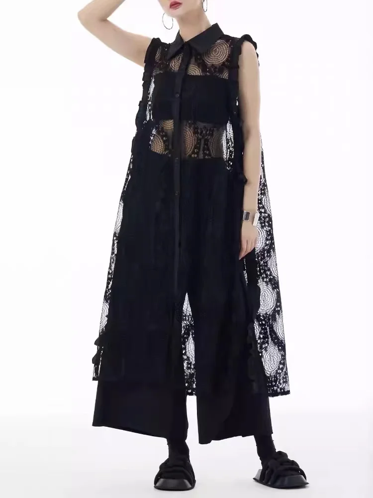 

Ele Lace Vest Women's Mid-Length Pure Color Spring Summer New Sle Collar Single Button Closure Faionable Top