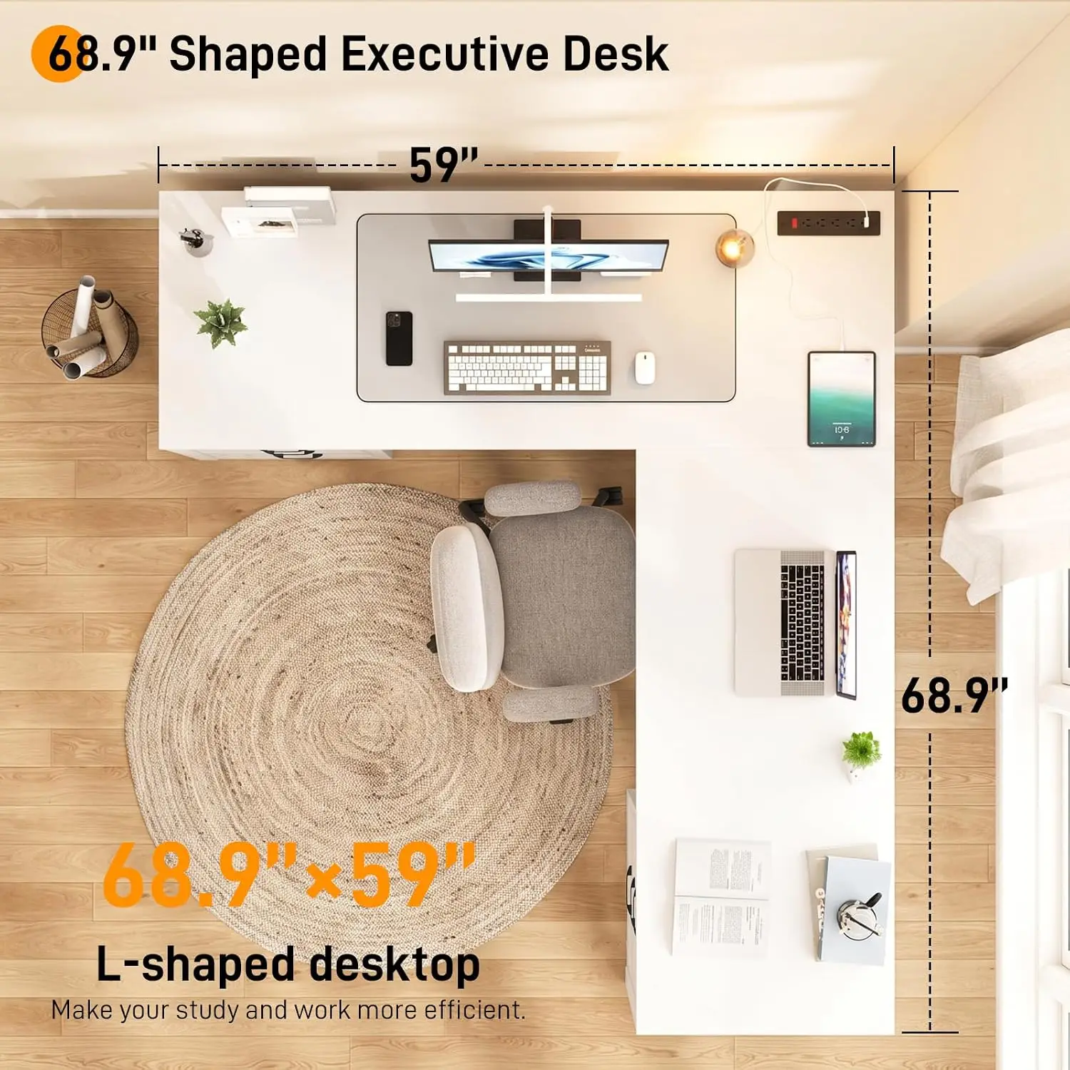 L Shaped Farmhouse Office Desk with 6 Drawers & Power Outlets, Executive Corner Desk with Storage Shelf, Customized image 5