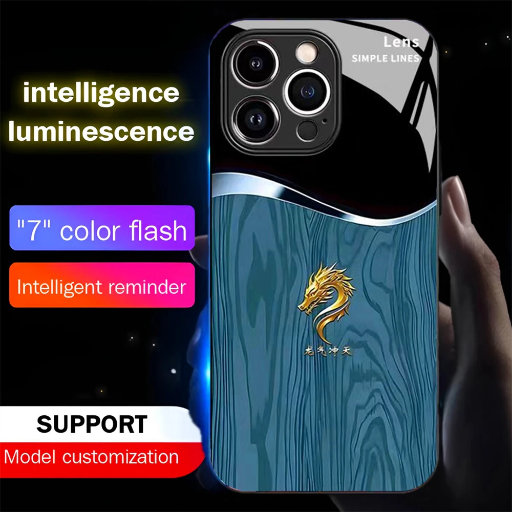 

Wood Grain Dragon Emblem Sound Control LED Flash Cases Luminous Glass Cover For Samsung S25 S24 S23 S22 S21 S20 FE Plus Ultra