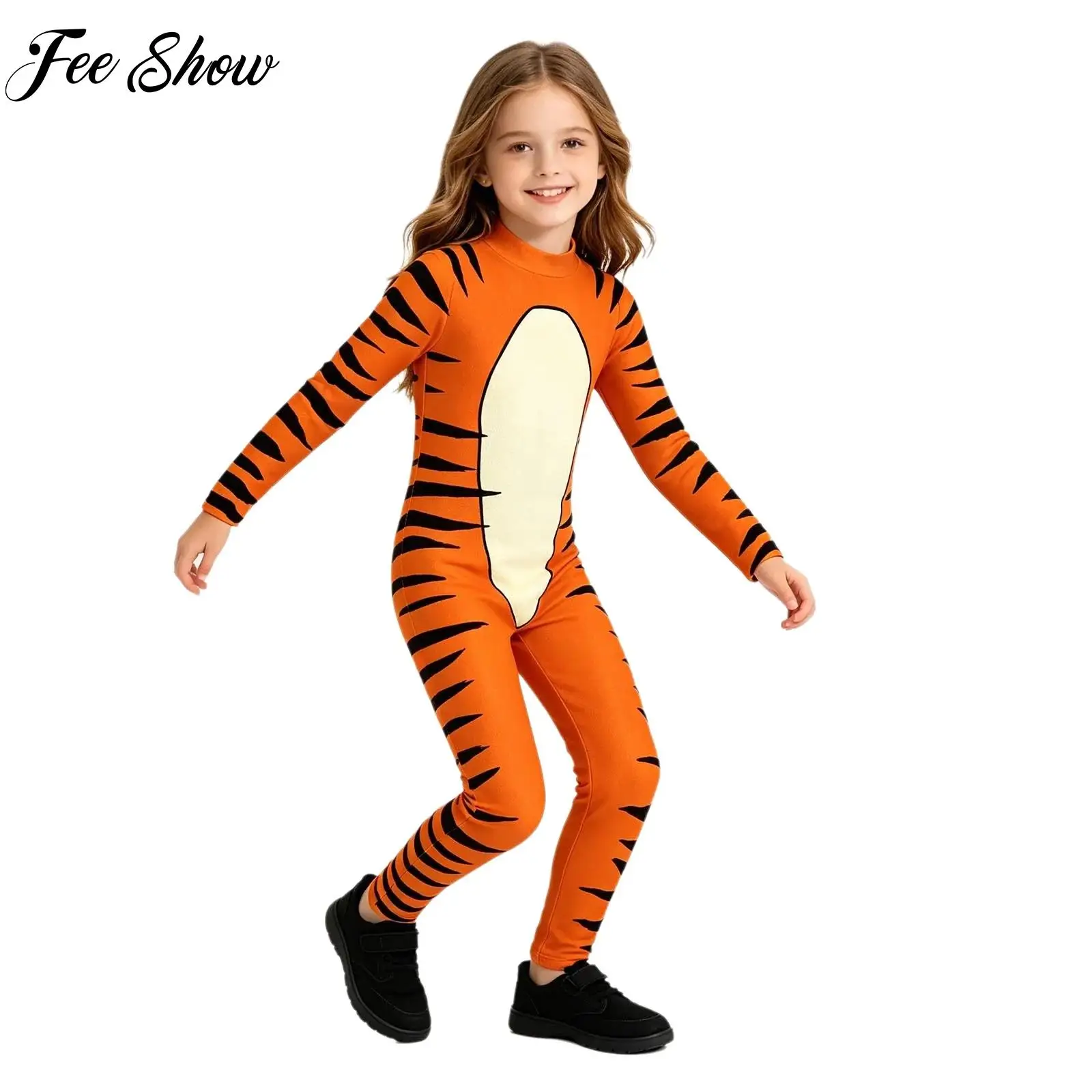 Kids Boys Girls Halloween Costume Tiger 3D Printed Jumpsuit Long Sleeve Zipper Stretchy Bodysuit for Dress-up Stage Performance