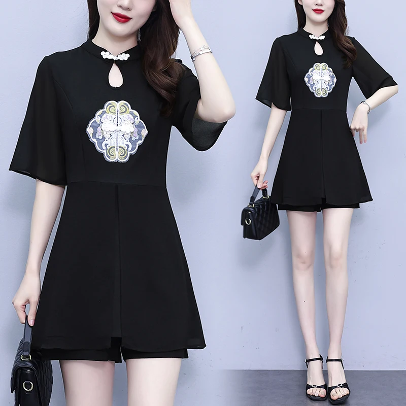 2024 Summer New Chinese Style Women Cheongsam Slim Waist Tops and Black Shorts Two Pieces Set Female Suits