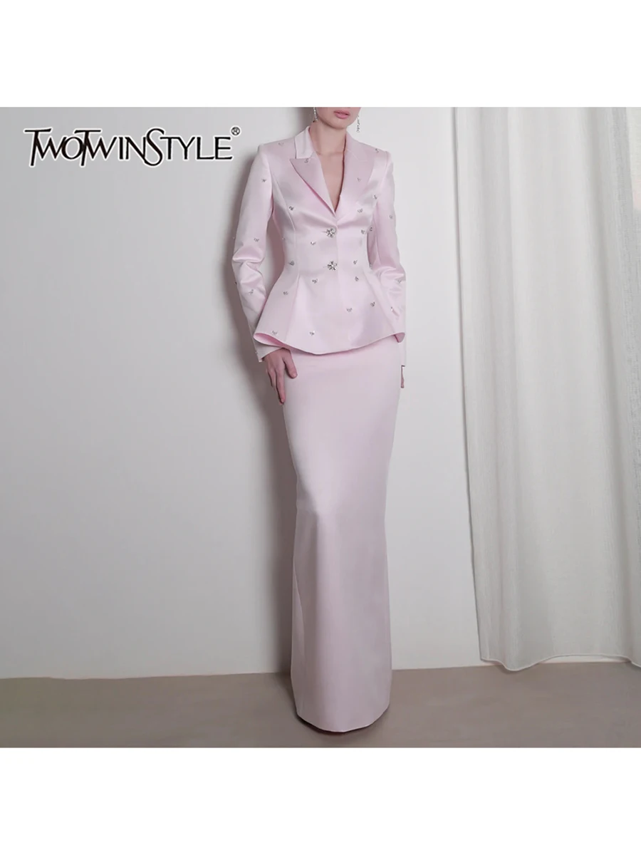 TWOTWINSTYLE Slim Pink Basics Two Piece Set for Women Lapel Neck Long Sleeve Top High Waist Midi Bodycon Skirt Sets Female New