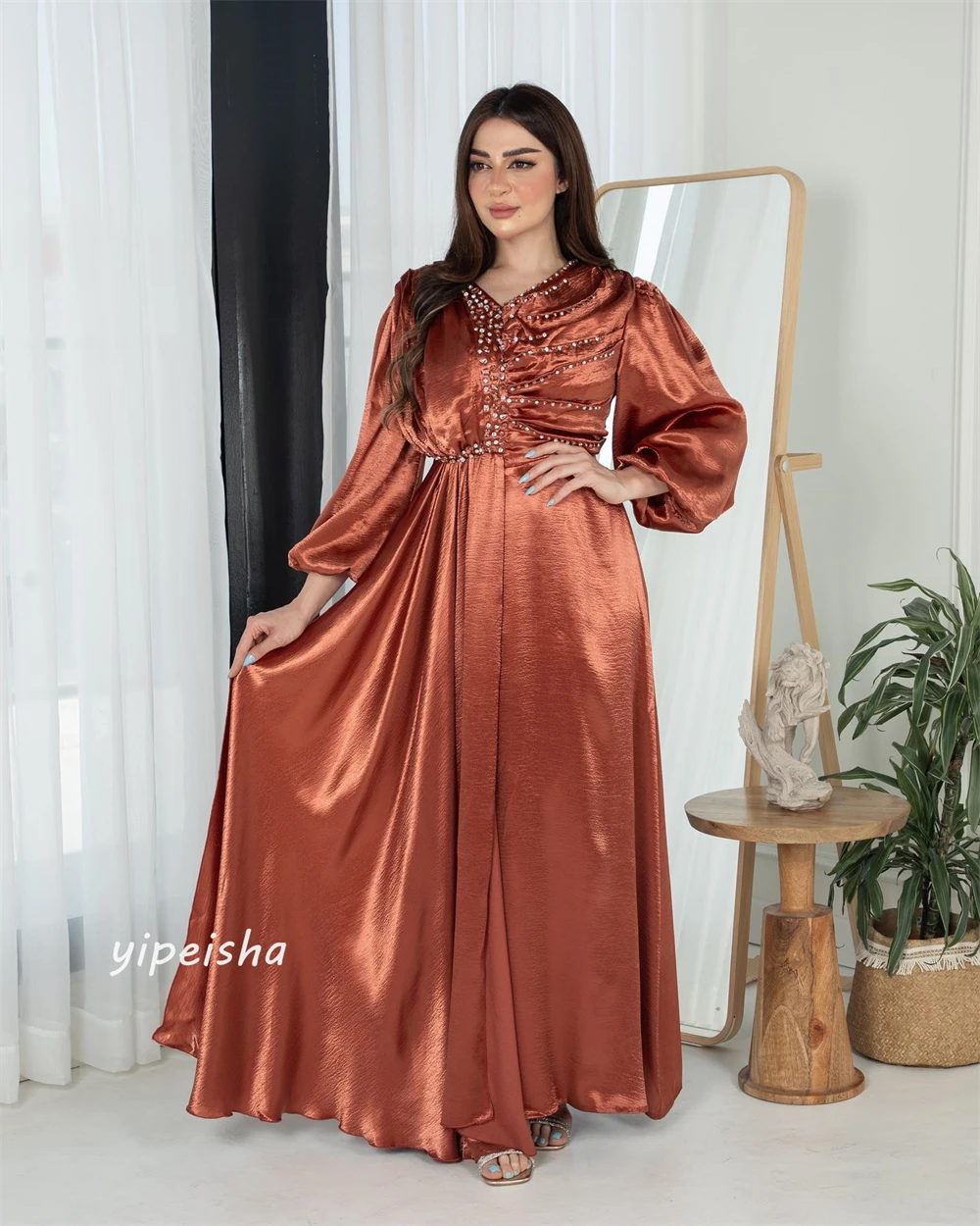 Robe Longue en Satin à Paillettes pour Femme, Vêtement avec Perles, Froncée, Ligne A, Col en V, sur Mesure, pour Occasions