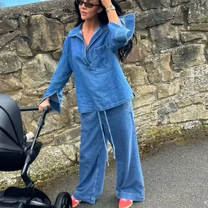 KONDALA 2025 Fall Winter Casual Denim Women Suits Fashion Vintage Turn-down Collar Pocket Shirts Chic Drawstring Wide Leg Pants