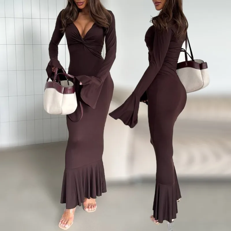 2025 Herbst und Winter Neue Damen Lange Kleider Mode Sexy V-Ausschnitt Rüschenärmel Langarm Röcke