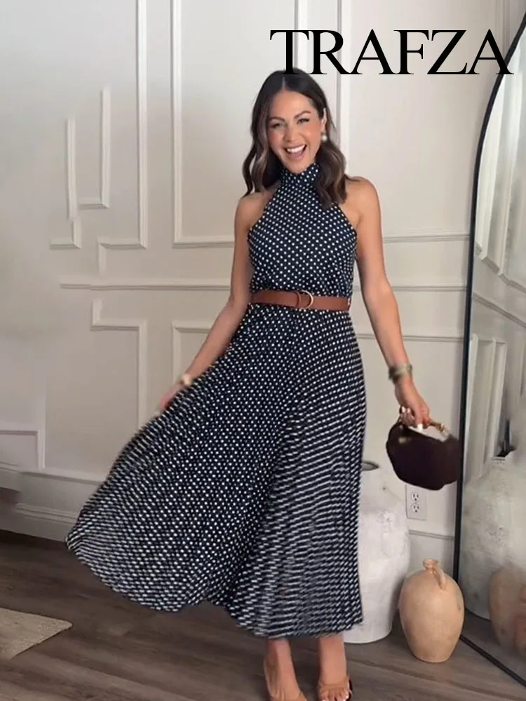 

TRAFZA 2025 Women's Summer Sexy Backless Dresses Solid Polka Dots Sleeveless Belt Decoration Zipper Female Fashion Long Dress