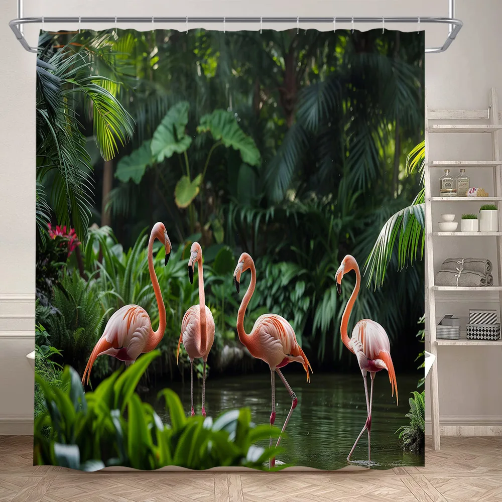 Tropical Jungle Flamingo Shower Curtains Animals Lake Lotus Flowers Palm Tree Plant Forest Scenery Fabric Bathroom Curtain Decor