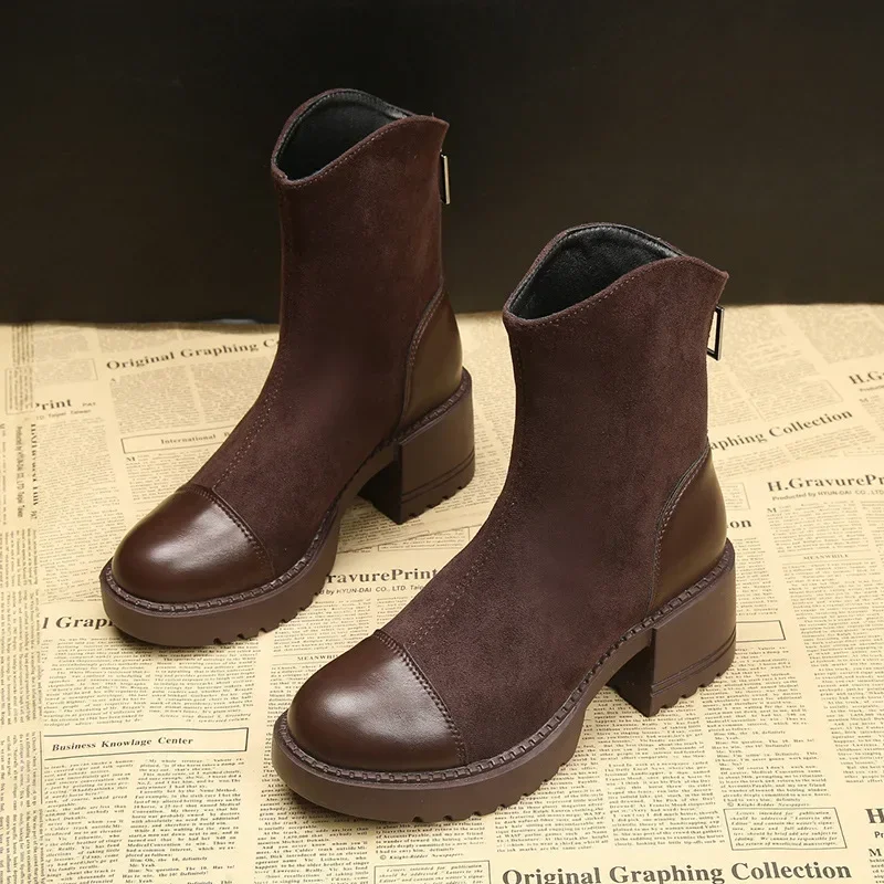 Botas de mujer nueva primavera otoño botas de tacón alto plataforma nuevo británico punta redonda antideslizante cremallera botas de moda resistentes al desgaste