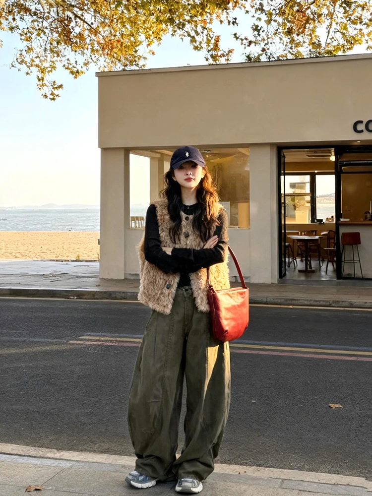 

Retro Korean Sle Lamb Fur Svel Vest Women's Autumn Winter Loose Faionable oulder Pad Vest Trendy All-Match