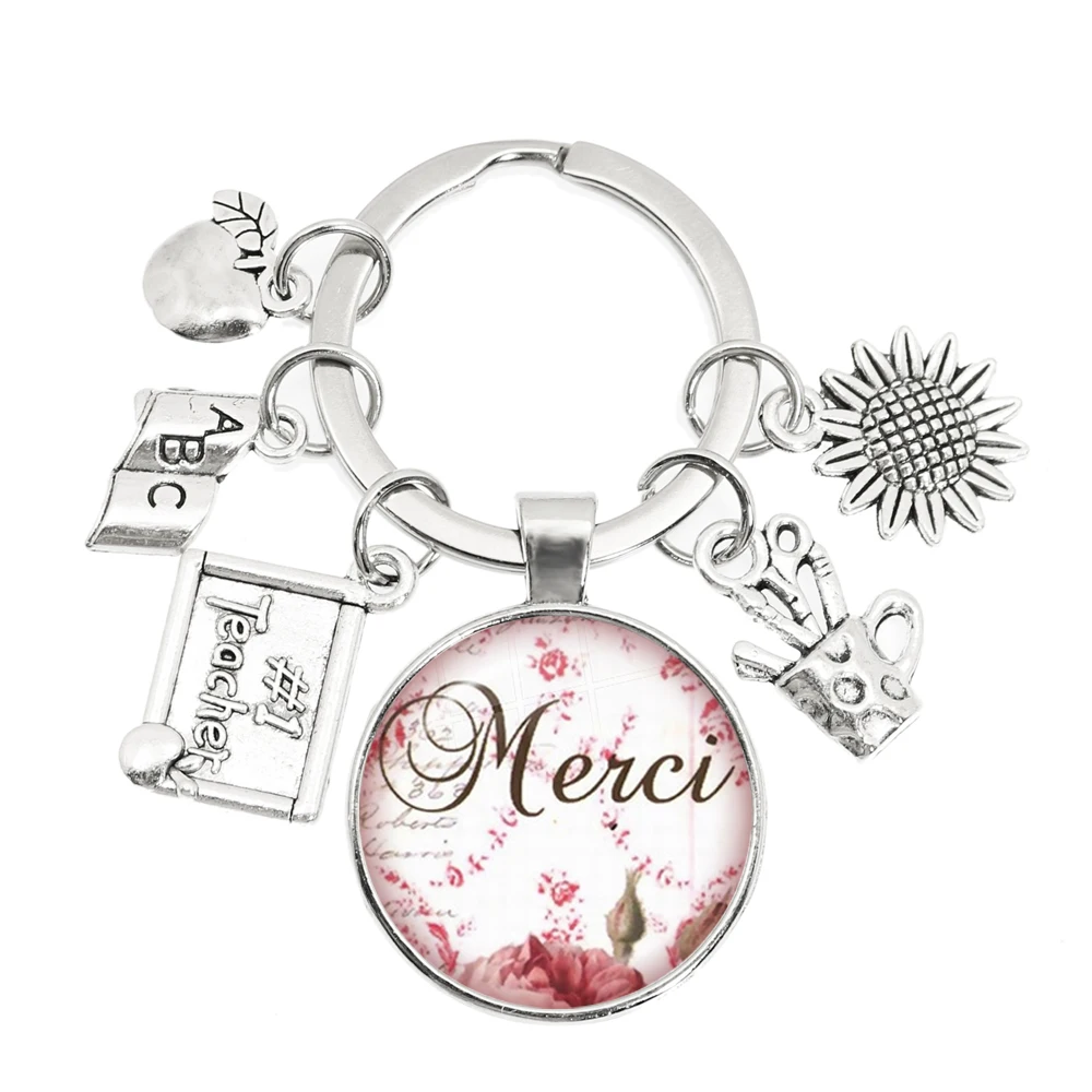 Merci Maitresse Teacher KeyChains 25 MM Glass Dome Thank You DIY Jewelry Making keychain Teacher's Day Jewelry Gift