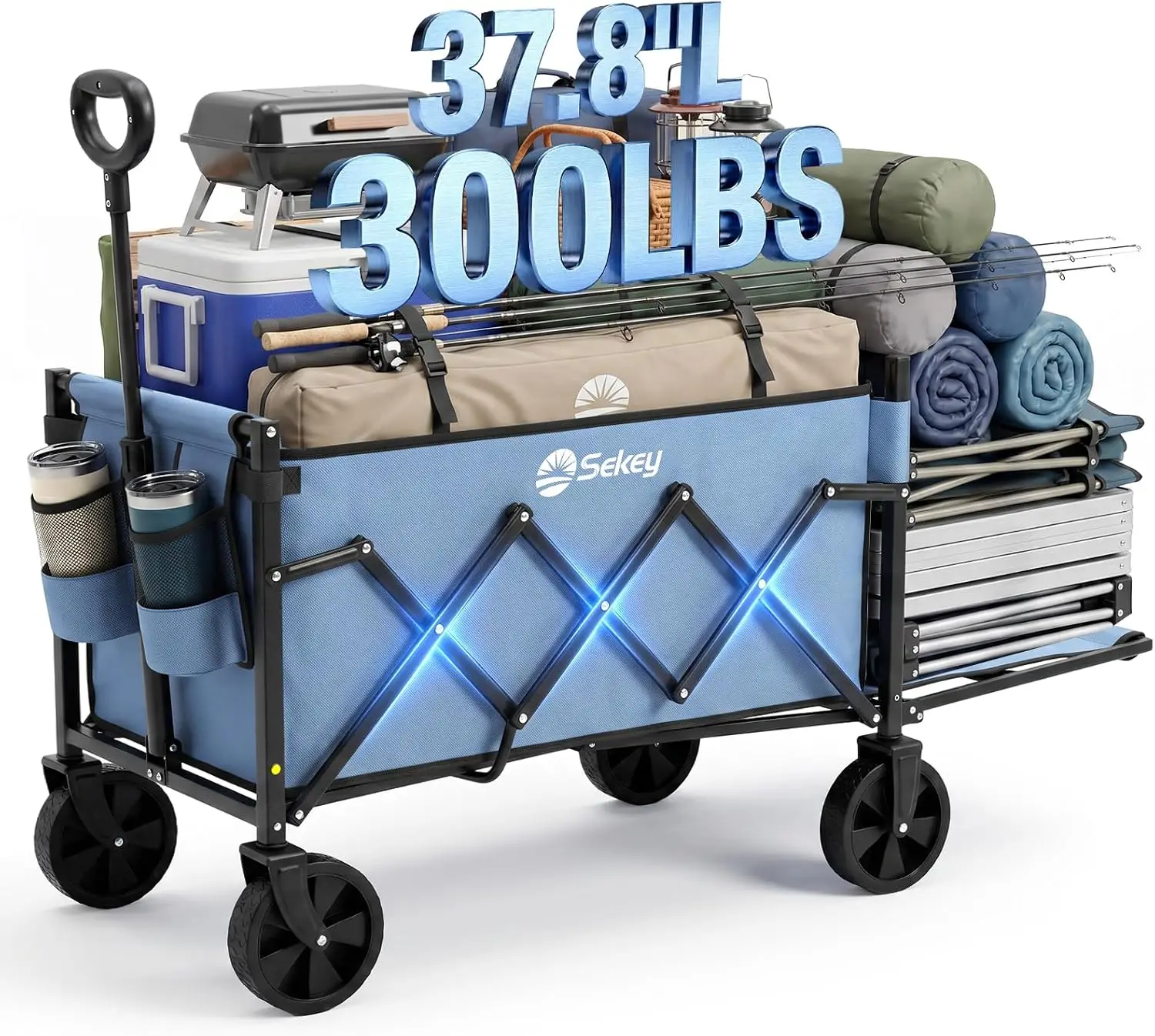 Folding Utility Wagon with Rear Tailgate, 300 lb Weight Capacity, 38 Inch Cargo Bed Length