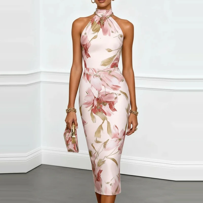 Sommerliches, elegantes A-Linien-Kleid mit Blumenmuster für Damen – Ärmelloses, figurbetontes Pendler- und Partykleid mit Neckholder, Neuheit 2026