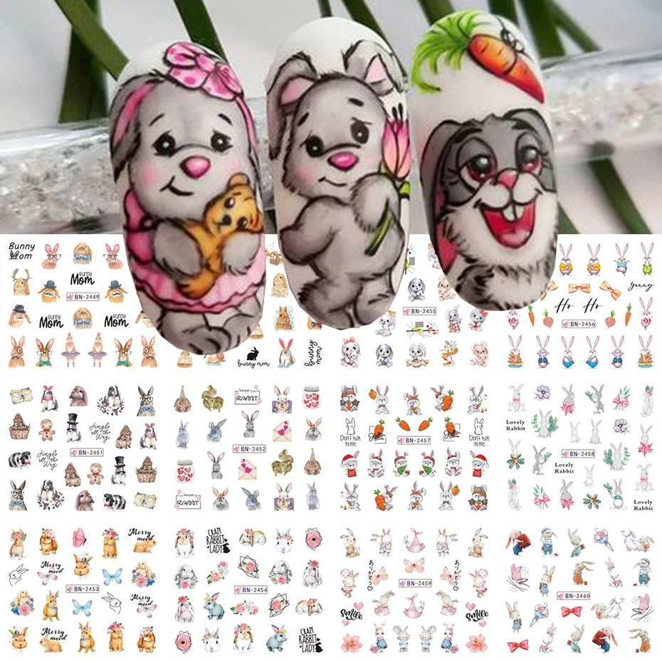 12pcs Easter Bunny Egg Sliders For Nails Rabbit Cartoon Design Flower Leaf Spring Decals Foils Accessories Watermark Sticker