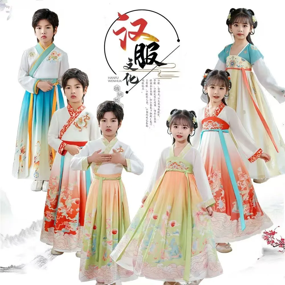 

Children Ancient chinese carnival costumes kids Folk Vintage Clothing Hanfu Boys Chinese Traditional Dress for Girls