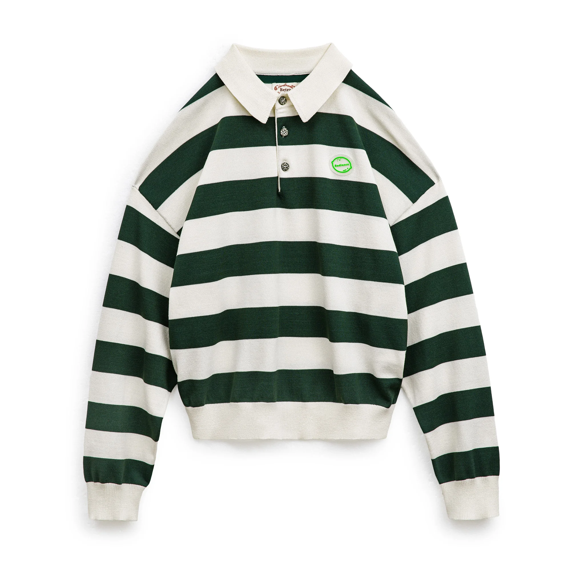 Maden Retro Classic White and Green Color Blocking Striped Polo Shirt for Women Autumn Long-sleeved T-shirt Loose Casual Tops