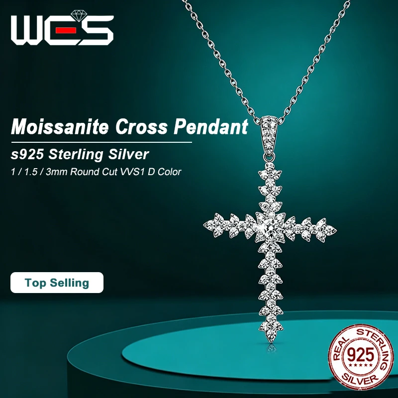 WES Full Moissanite Cross Necklace 3mm D Color VVS1 925 Sterling Silver Religious Pendant Jewelry Gift For Women Daily Wear