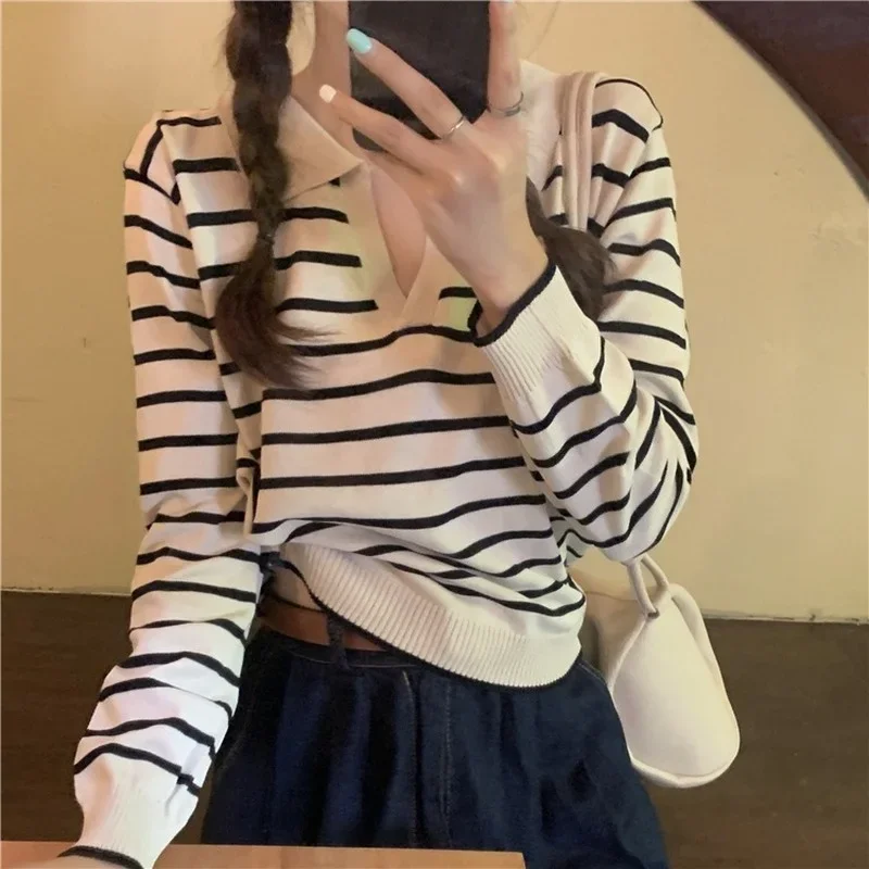 T-shirt da donna per il tempo libero allentate vintage estate nuova moda a righe elegante tutto-fiammifero femminile accogliente colletto rovesciato stile coreano chic