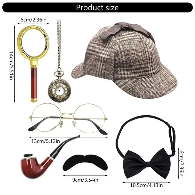 2025 Neues 7PCS -Detektivkostümzubehör für Erwachsene Detective Hat Man Inspector Kostüm für Maskerades Halloween Cosplay
