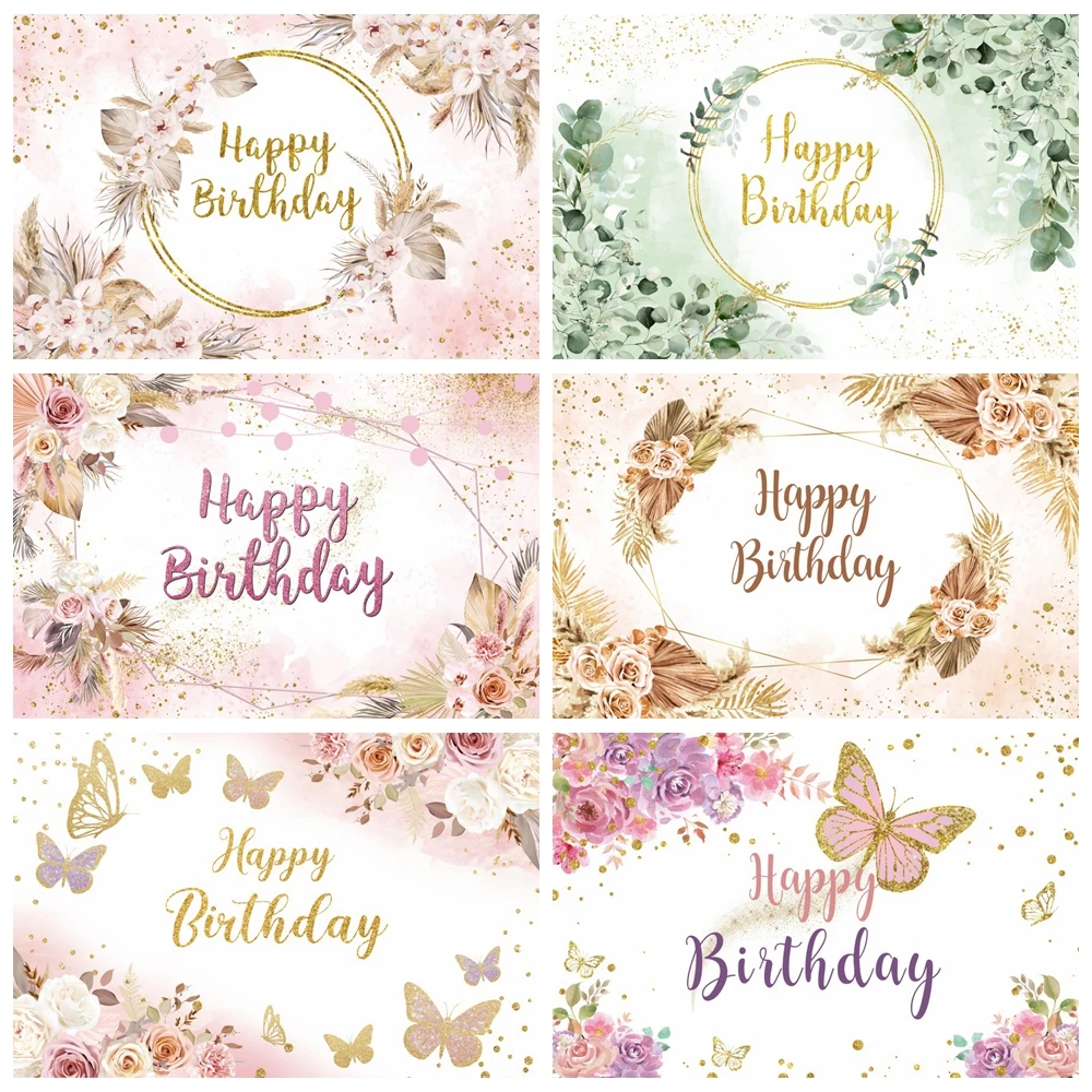 

Flower Floral Birthday Photography Backdrop Golden Glitter Happy Mother's Day Mr&Mrs Wedding Party Background Photo Studio Props