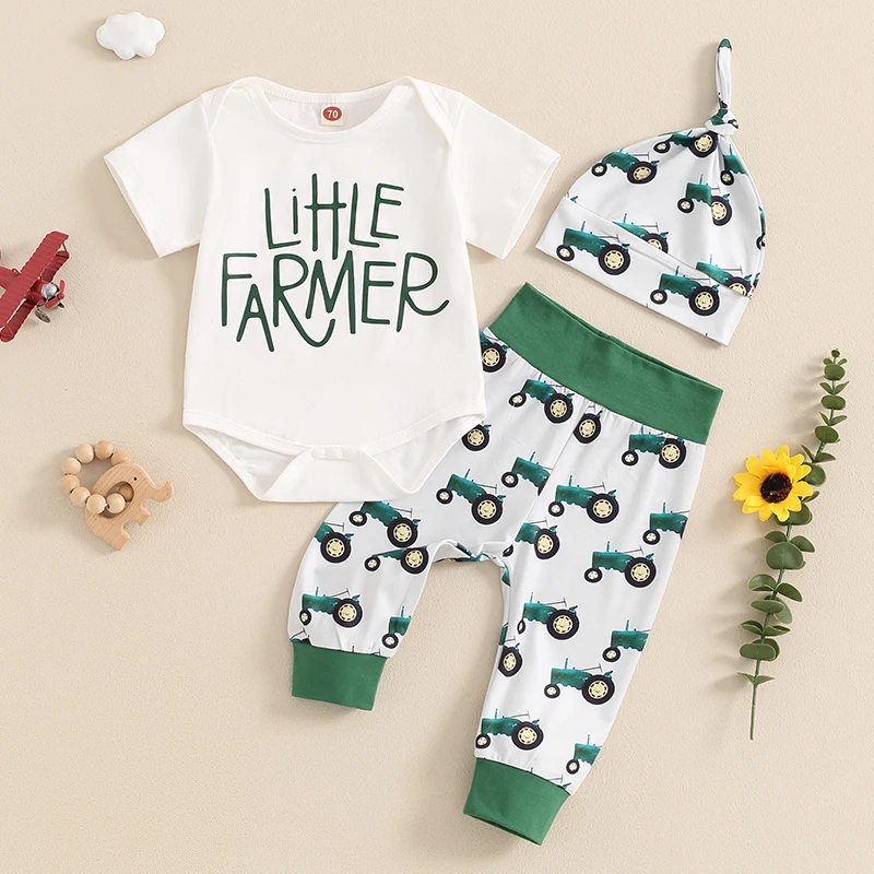 

2024-04-18 Lioraitiin 0-12M Baby Boys Summer Outfits Letter Print Crew Neck Short Sleeve Rompers Long Pants Hat 3Pcs Clothes Set